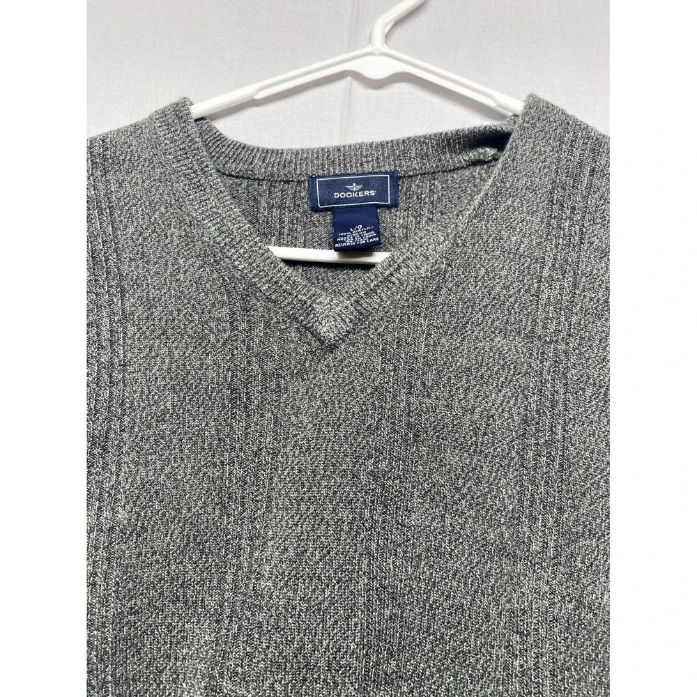 Dockers Vest Sweater Mens Large Gray Ribbed Chunky Knit Winter V Neck Pullover